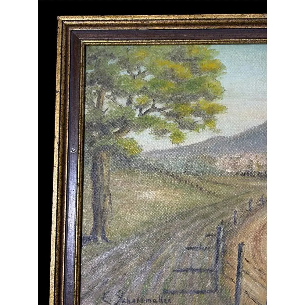 Mid‑century Rural Farmhouse Country Landscape Framed Painting by E. Schoonmaker - Picture 8 of 11